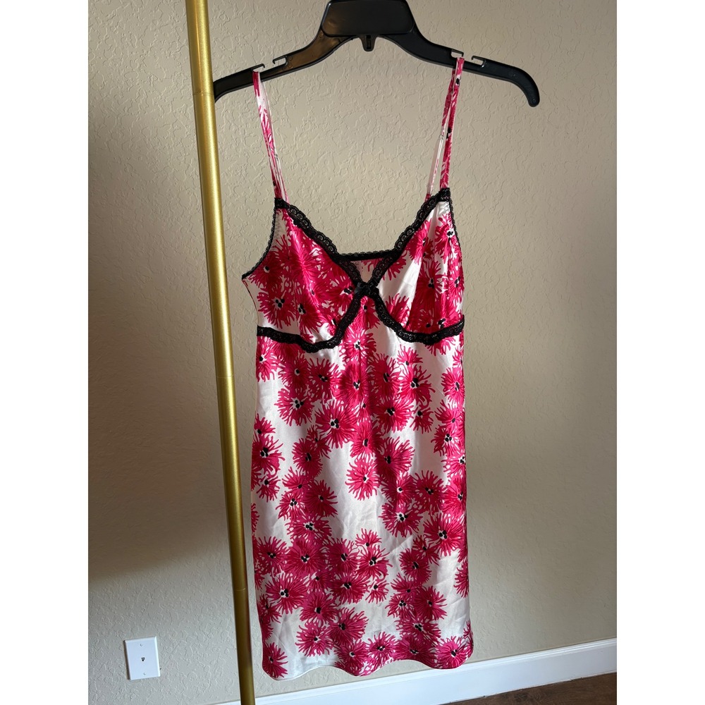 Women's Pink Floral Satin Lace Trim Chemise Slip Dress Size M Y2K Glam Layering